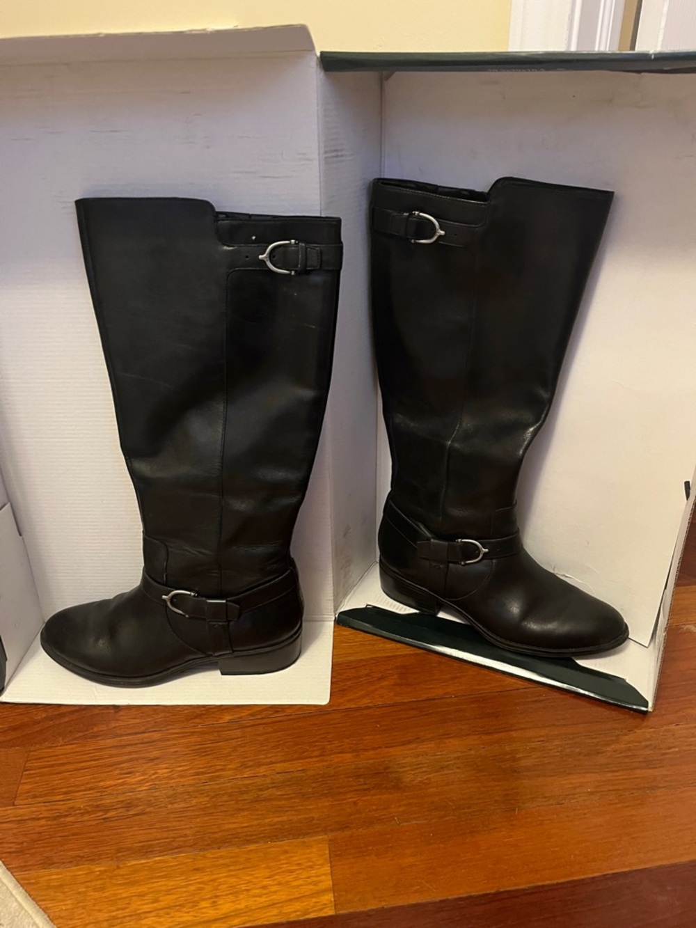 Ralph Lauren Tall Black Leather Riding Boots with Buckle Straps